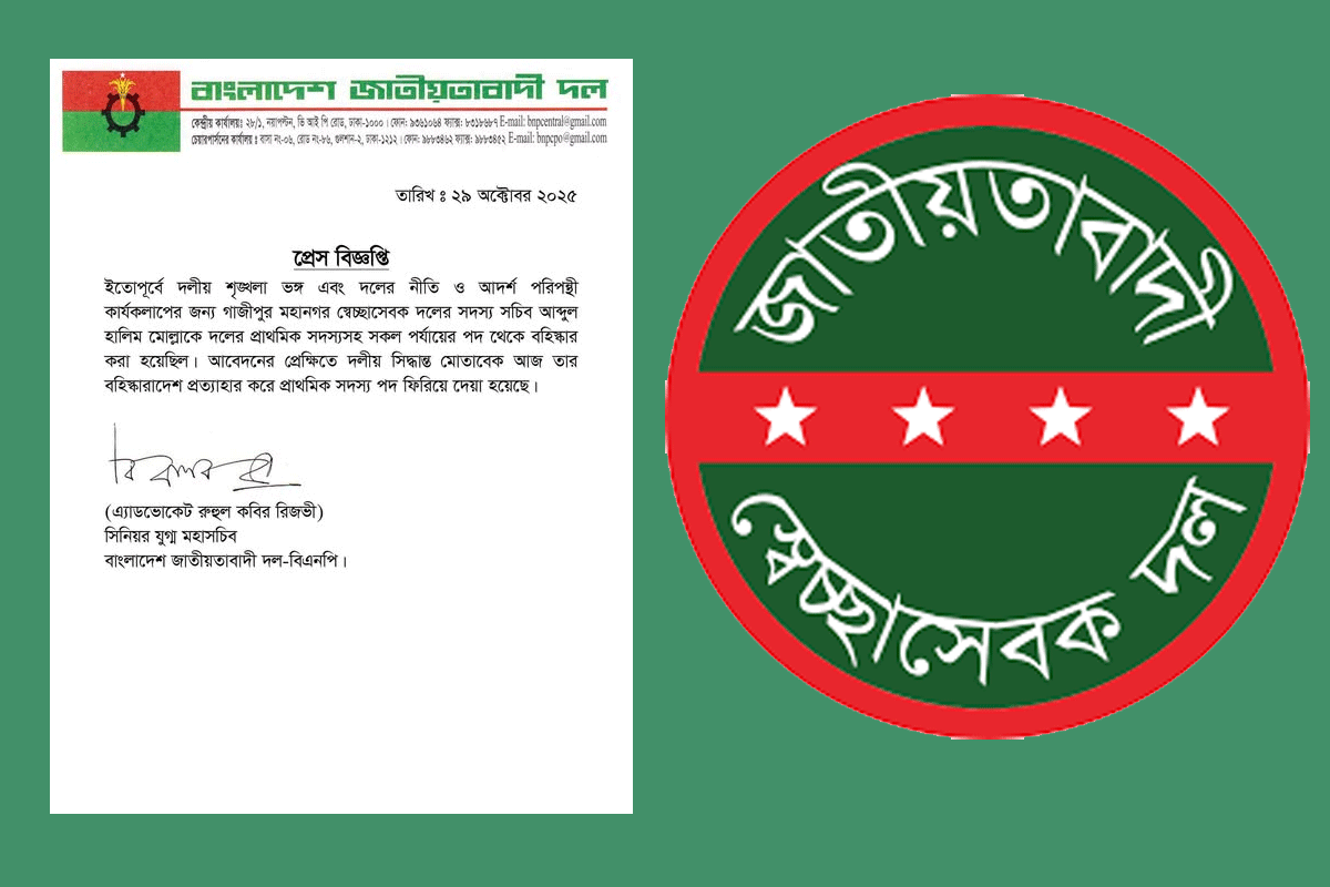 গাজীপুরে স্বেচ্ছাসেবক দলের বহিষ্কৃত নেতা পুনর্বহাল