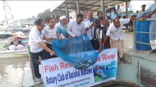 বরিশালে কীর্তনখোলা নদীতে রোটারির মৎস্য পোনা অবমুক্তকরণ
